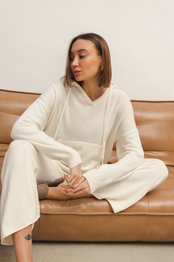 Maxim Wide-Leg Knit Trousers Ecru