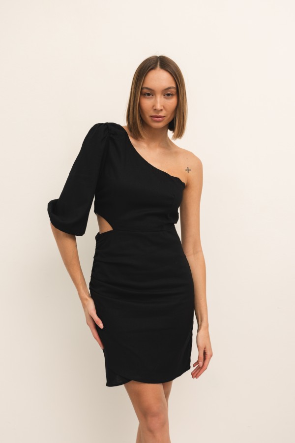 Grace One-Shoulder Linen-Blend Dress Black