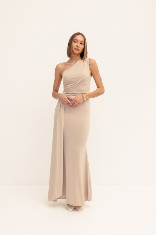 Nadia Długa Sukienka Na Jedno Ramię Beż