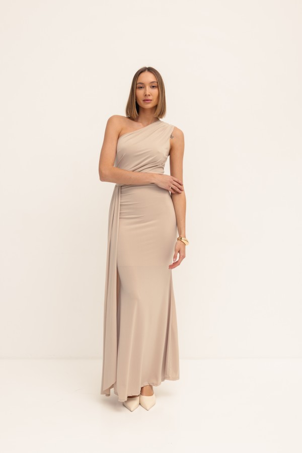 Nadia Długa Sukienka Na Jedno Ramię Beż
