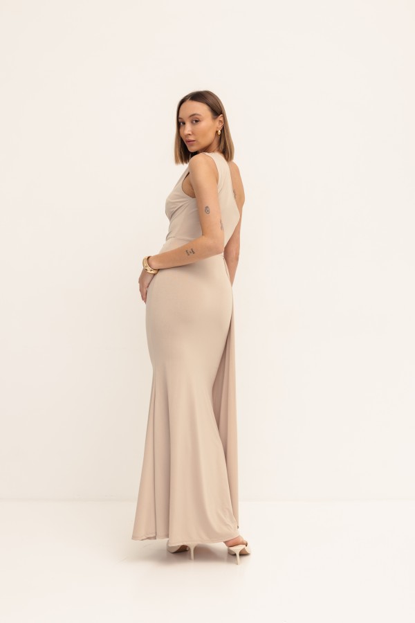 Nadia Długa Sukienka Na Jedno Ramię Beż