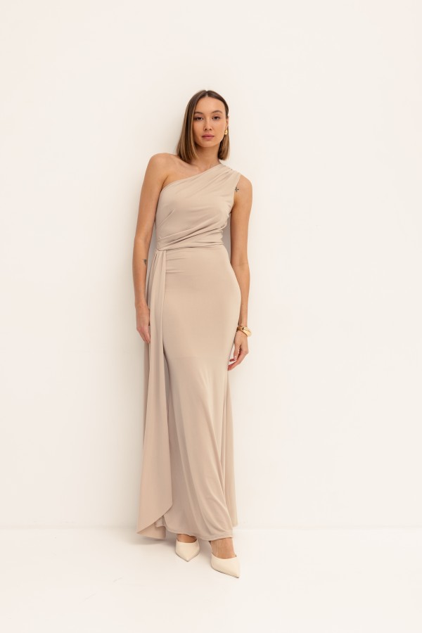 Nadia Długa Sukienka Na Jedno Ramię Beż