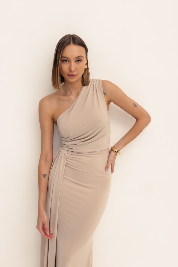 Nadia Długa Sukienka Na Jedno Ramię Beż