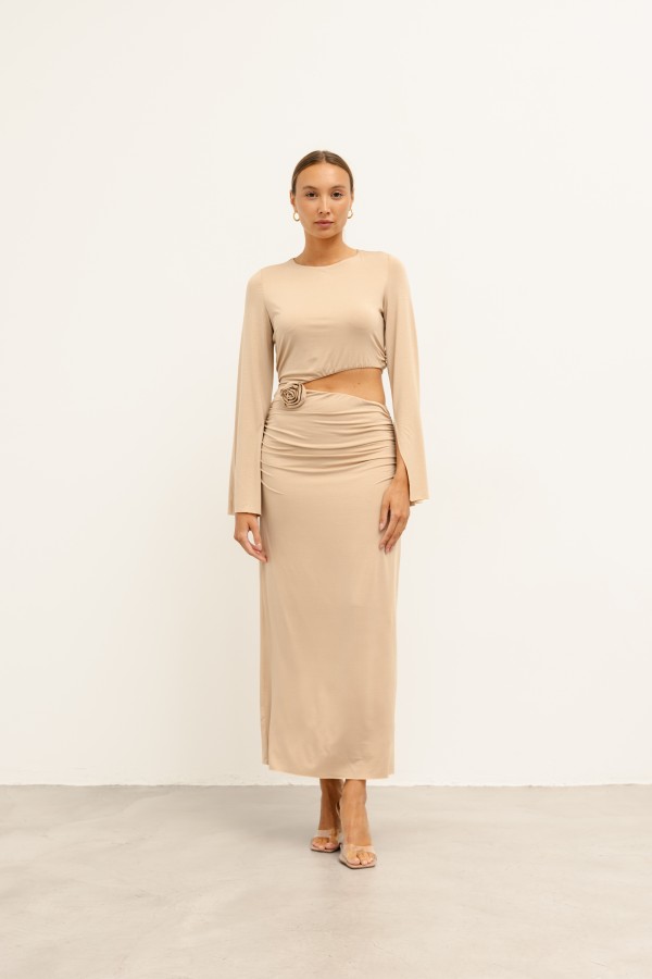 Cindy Long Cut-Out Dress Beige