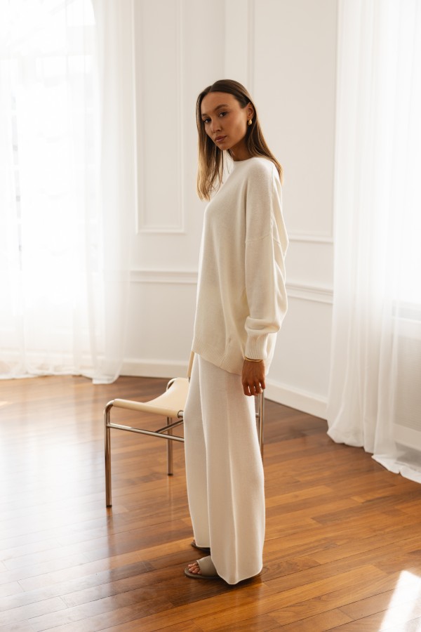 Maxim Wide-Leg Knit Trousers Ecru