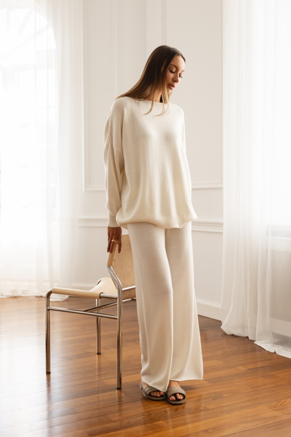 Maxim Wide-Leg Knit Trousers Ecru