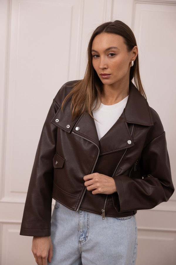 3555 Kurtka Z Eko Skóry Brown