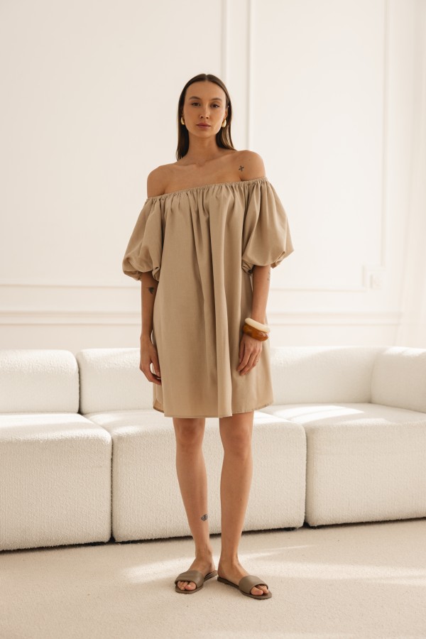 Noemi Sukienka Lniana Off Shoulder Beż