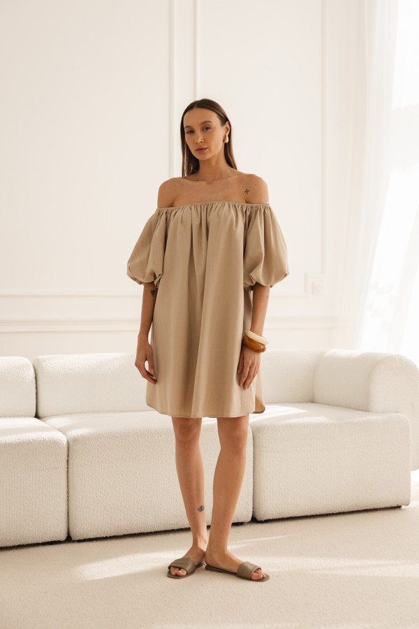 Noemi Sukienka Lniana Off Shoulder Beż