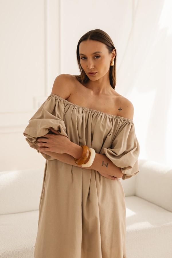 Noemi Sukienka Lniana Off Shoulder Beż