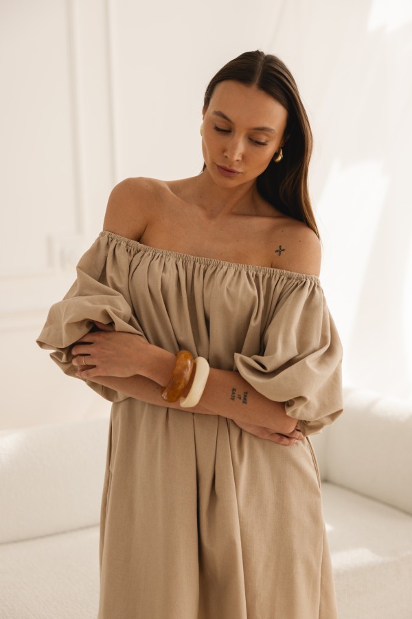 Noemi Sukienka Lniana Off Shoulder Beż
