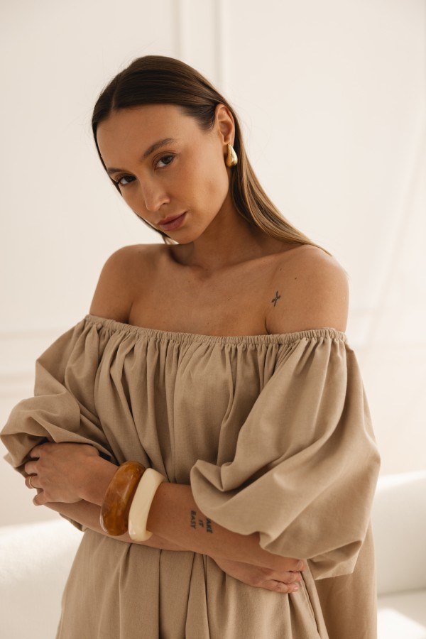 Noemi Sukienka Lniana Off Shoulder Beż