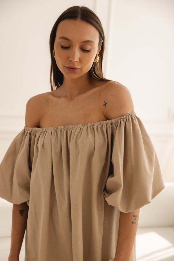 Noemi Sukienka Lniana Off Shoulder Beż