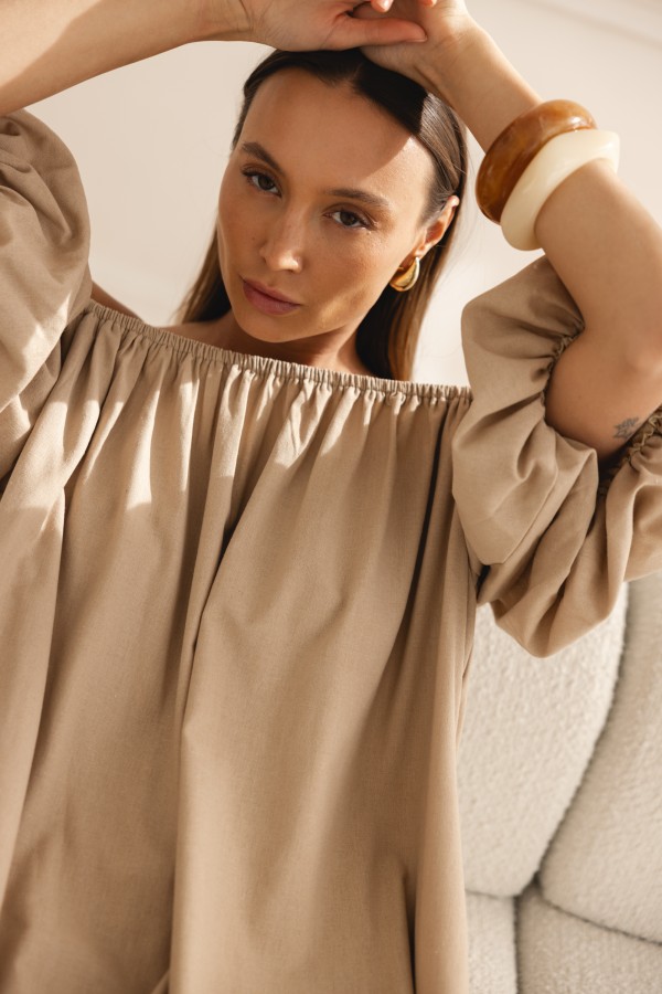 Noemi Sukienka Lniana Off Shoulder Beż