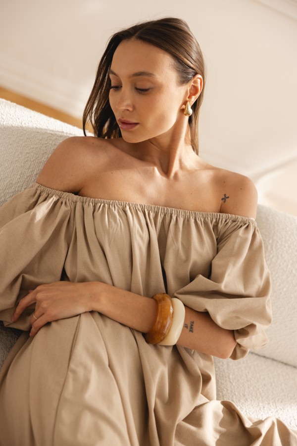 Noemi Sukienka Lniana Off Shoulder Beż