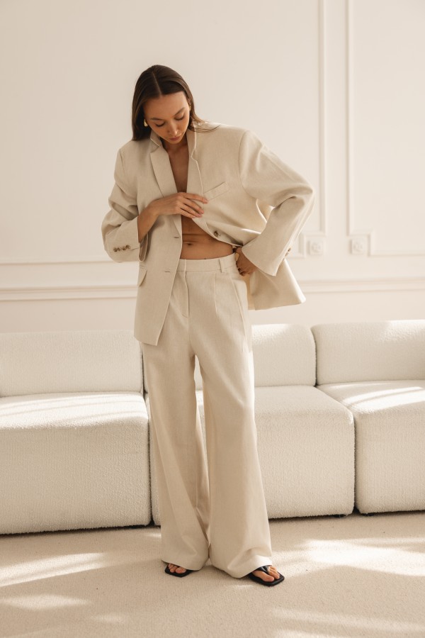 Colette Spodnie Lniane Wide Leg Beż