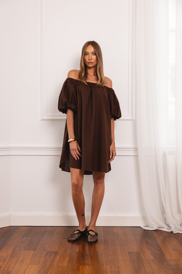Noemi Sukienka Lniana Off Shoulder Chocolate
