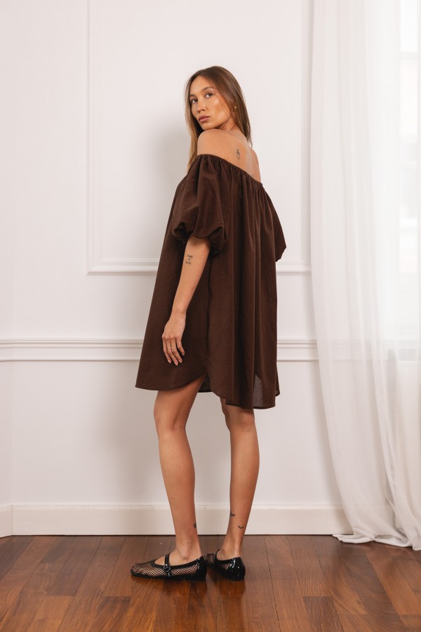 Noemi Sukienka Lniana Off Shoulder Chocolate