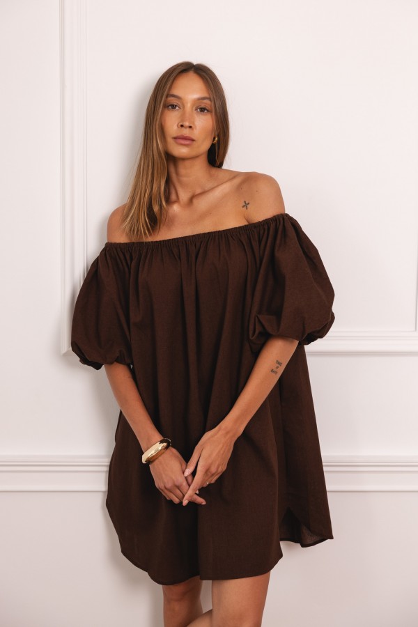 Noemi Sukienka Lniana Off Shoulder Chocolate