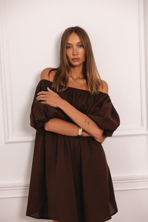 Noemi Sukienka Lniana Off Shoulder Chocolate