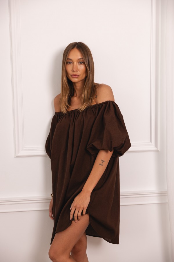 Noemi Sukienka Lniana Off Shoulder Chocolate