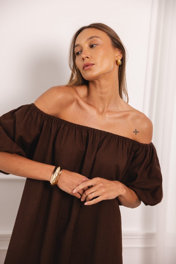Noemi Sukienka Lniana Off Shoulder Chocolate