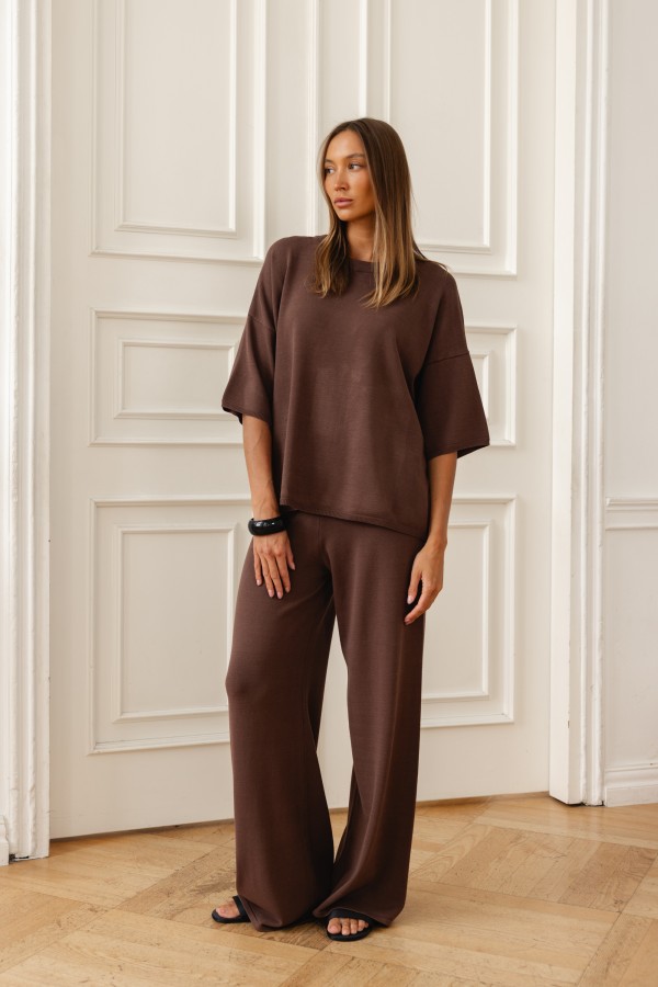 Milo Wide-Leg Knit Trousers Brown