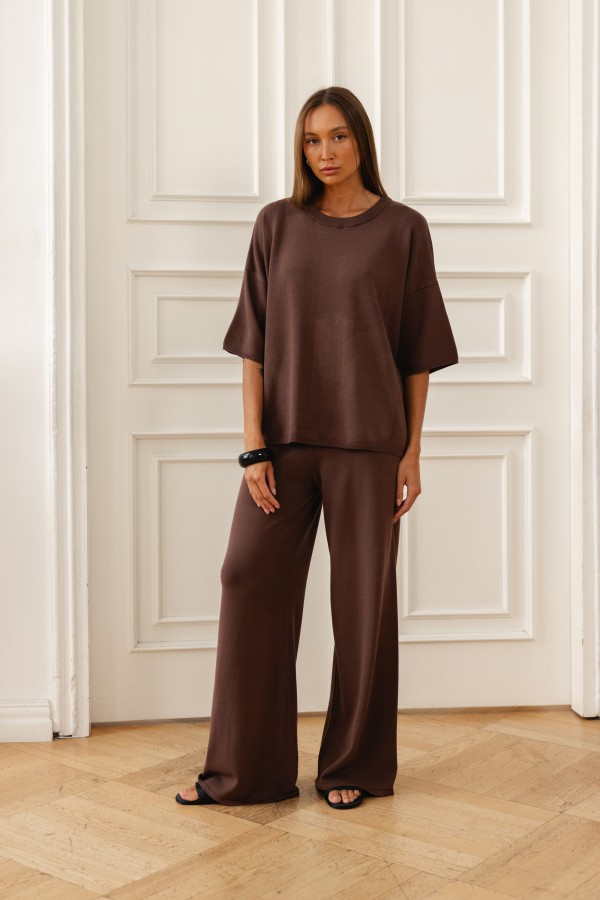 Milo Wide-Leg Knit Trousers Brown