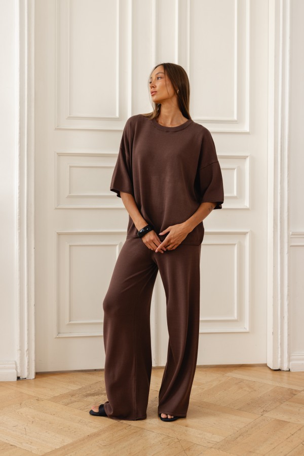 Milo Wide-Leg Knit Trousers Brown