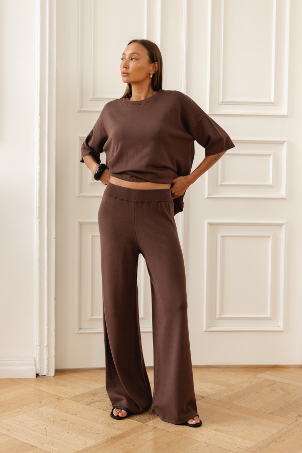 Milo Wide-Leg Knit Trousers Brown