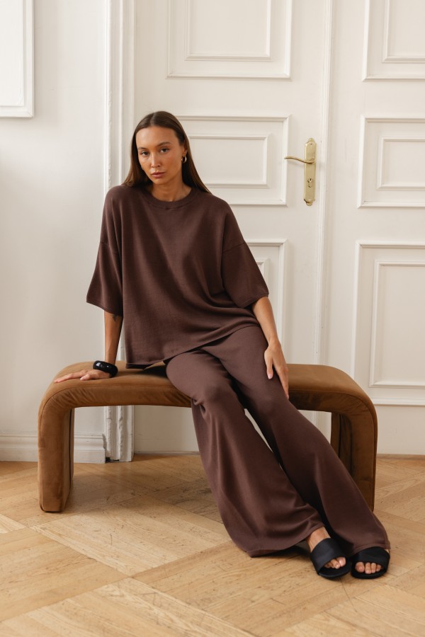 Milo Wide-Leg Knit Trousers Brown
