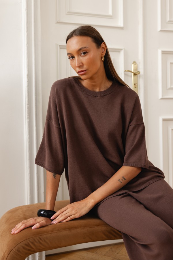 Milo Wide-Leg Knit Trousers Brown