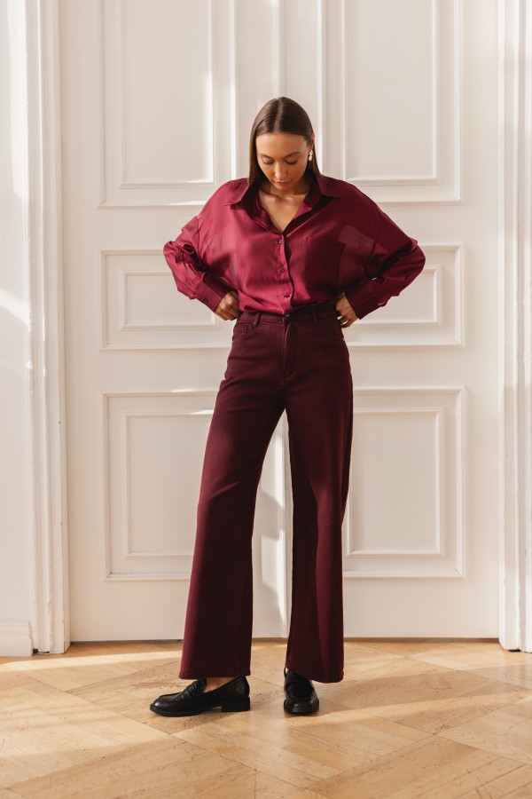 RD9091 Spodnie Jeansowe Wide Leg Bordo