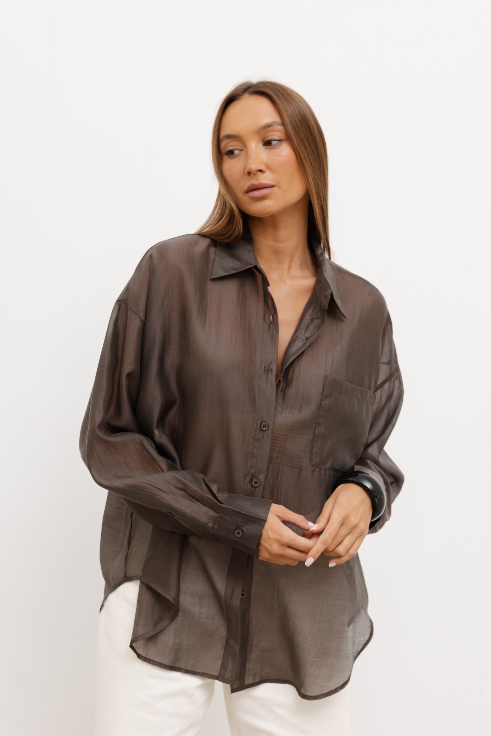 Brown silk shirt oversized Stacy | Butik Lorenzo