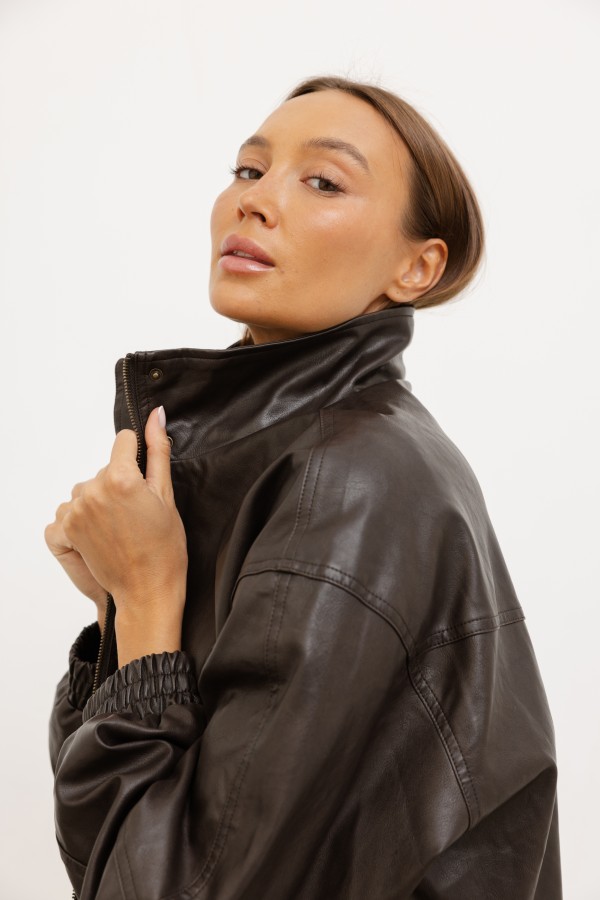 C10818 Faux Leather Jacket Brown