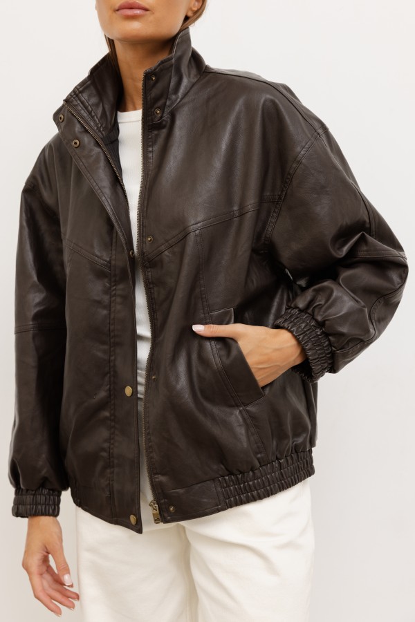 C10818 Faux Leather Jacket Brown