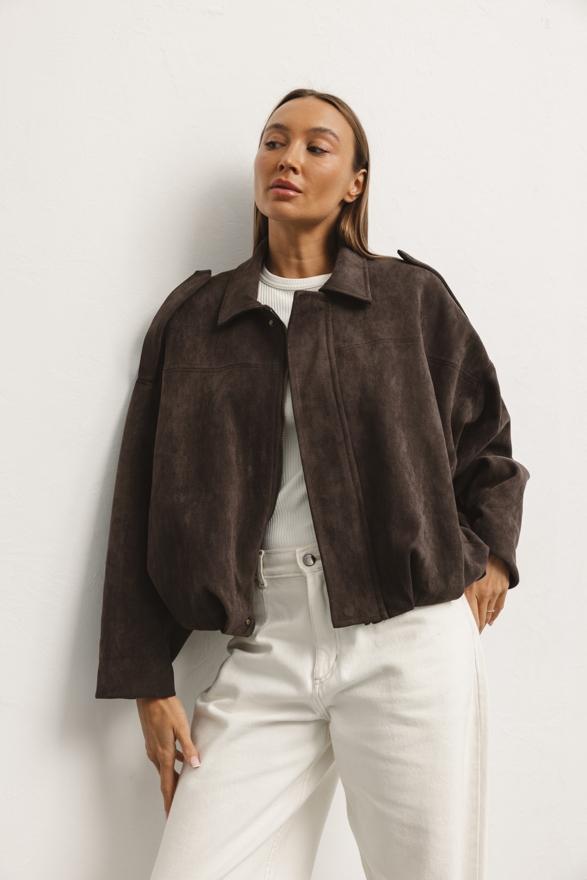 Brown faux suede jacket 25012 | Butik Lorenzo