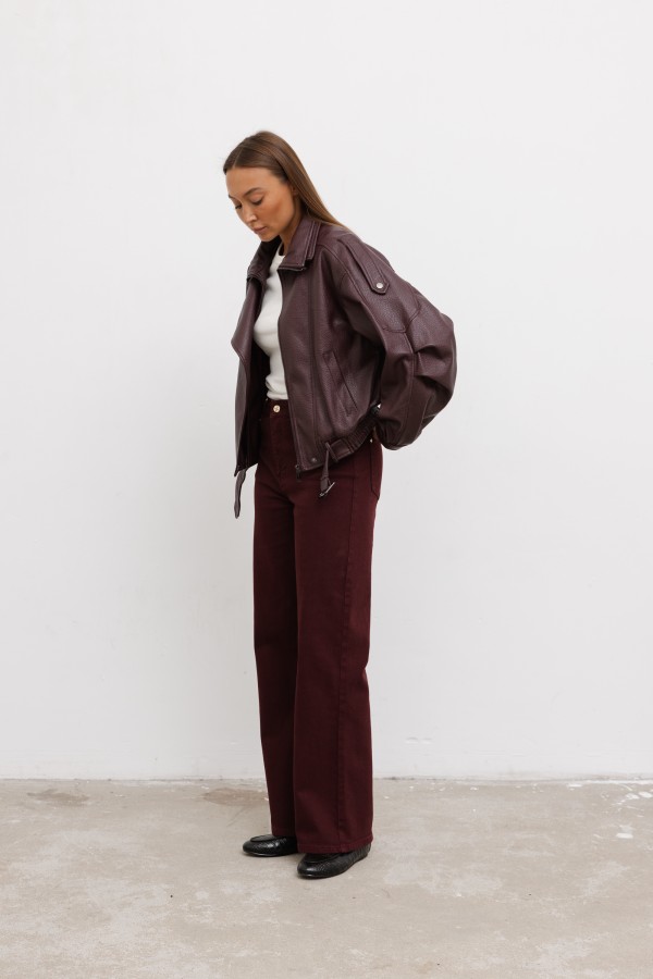 W3368 High-Waisted Wide-Leg Jeans Burgundy