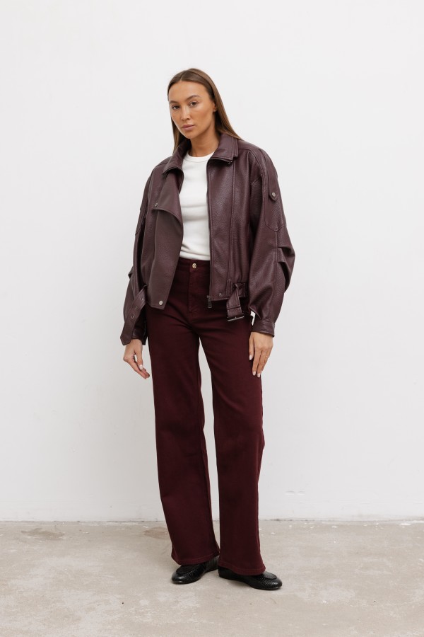 W3368 Spodnie Jeansowe Wide Leg High Weist Bordo