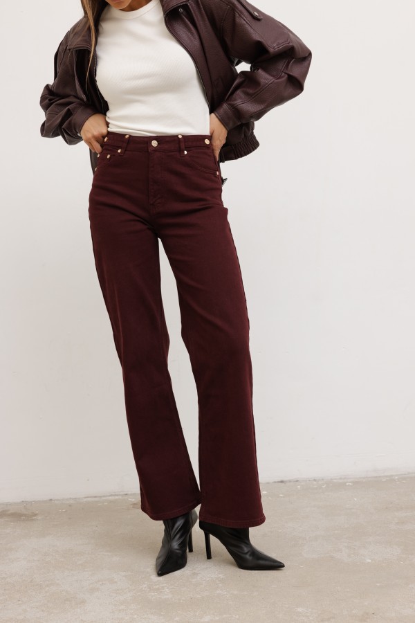 W3368 Spodnie Jeansowe Wide Leg High Weist Bordo