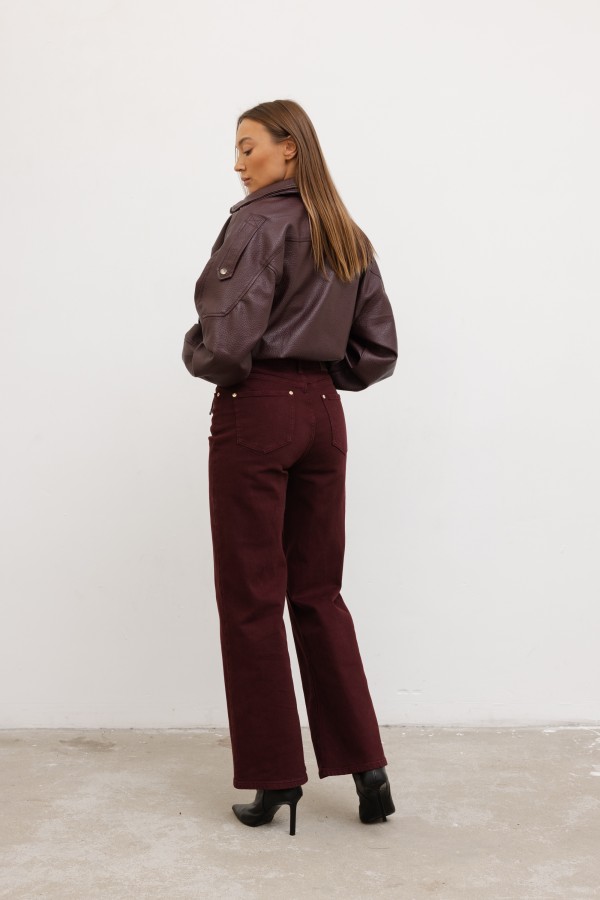 W3368 Spodnie Jeansowe Wide Leg High Weist Bordo