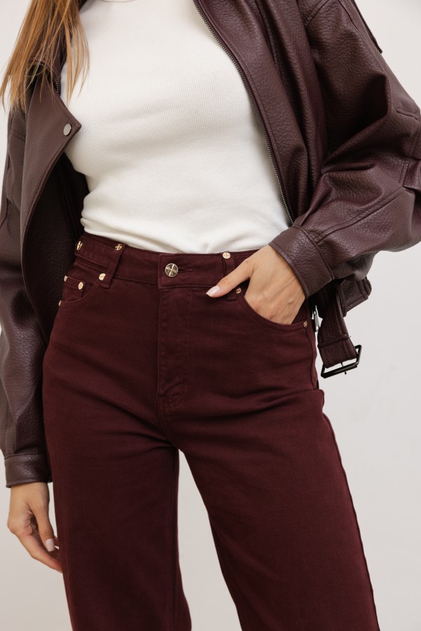 W3368 Spodnie Jeansowe Wide Leg High Weist Bordo