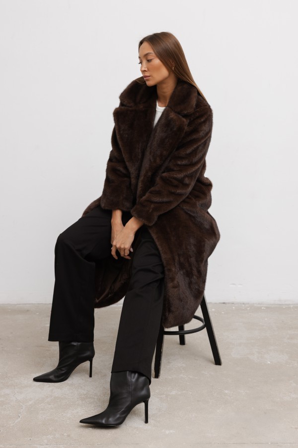 8764 Faux Fur Coat Brown