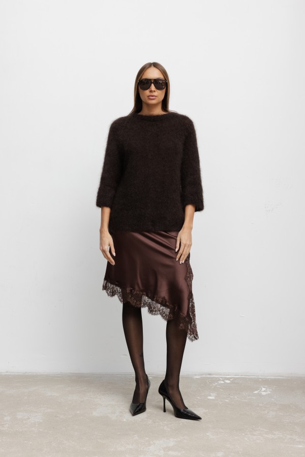 Lia Satin Skirt with Lace Brown