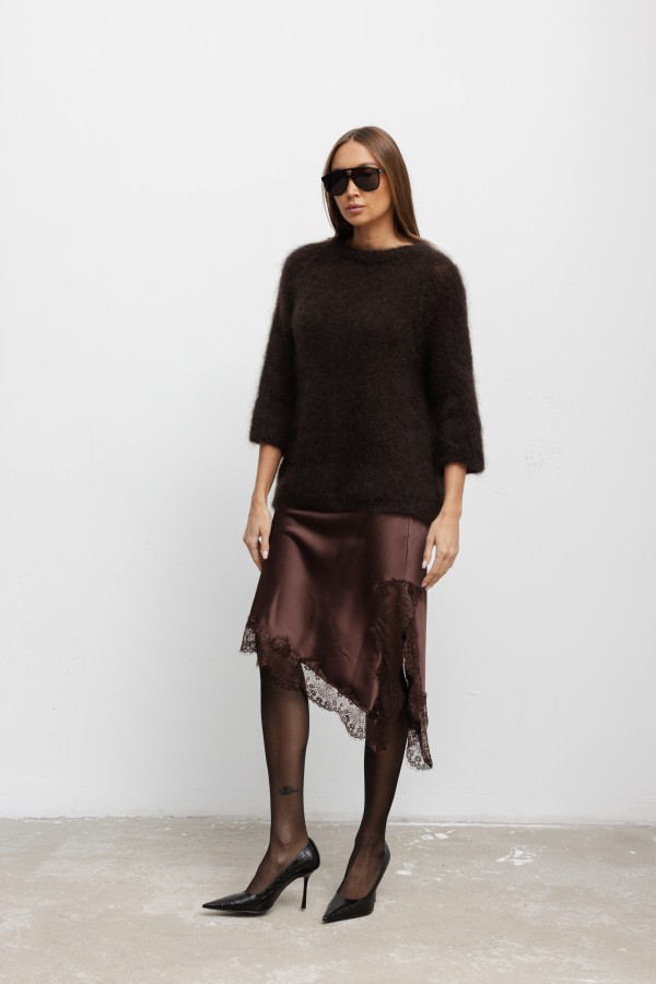 Lia Satin Skirt with Lace Brown