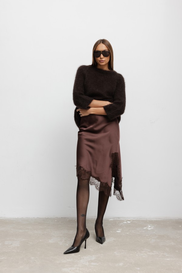 Lia Spódnica Satynowa Z koronką Brązowa