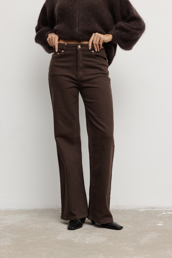 W3368 Spodnie Jeansowe Wide Leg High Weist Brąz