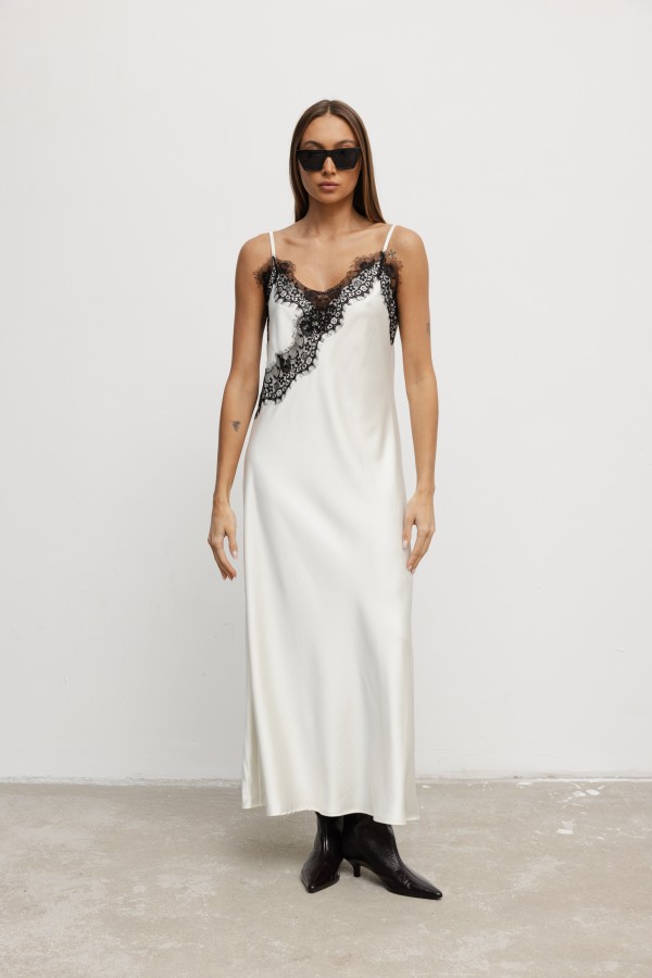 Corinne Satin Lace Dress Ecru