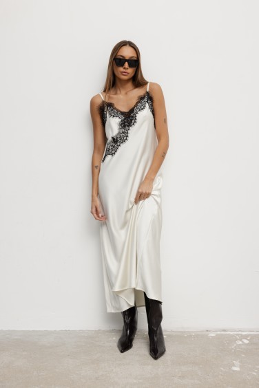 Corinne Satin Lace Dress Ecru