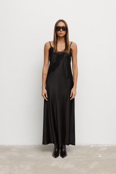Corinne Satin Lace Dress Black